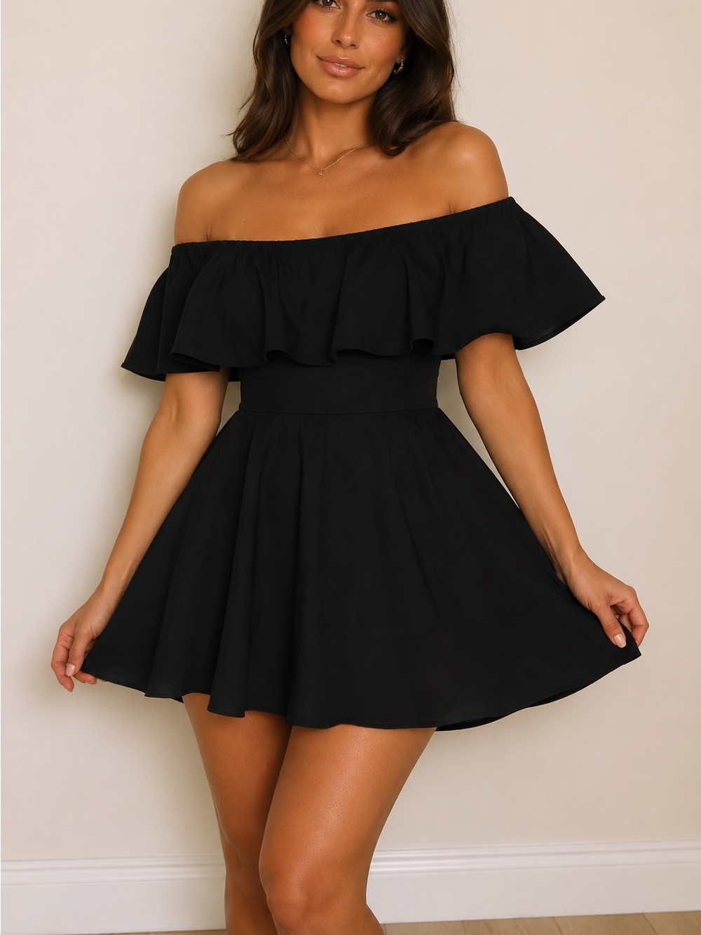 BouBou Black Off The Shoulder Mini Dress Ruffle Skater Cocktail Women's S